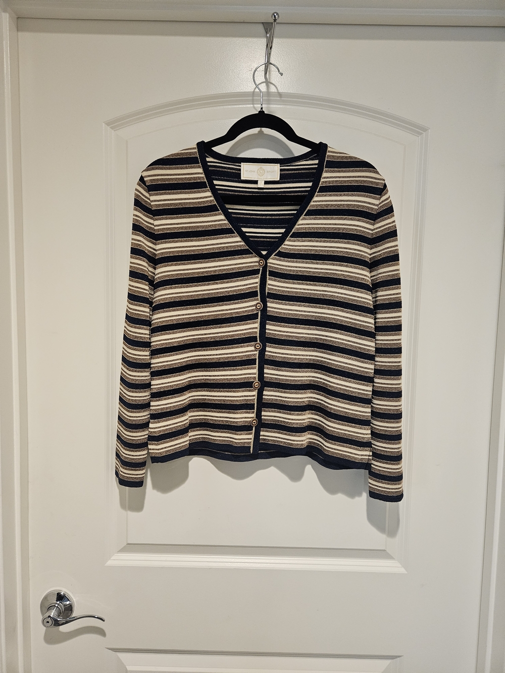 St John Sport Striped V-Neck Button Cardigan in Navy and Cream #900